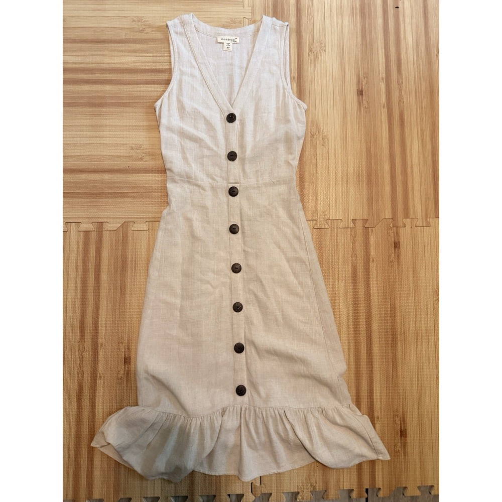 Banana Republic Womens XS Midi Dress Oatmeal Linen Blend Button Front A-Line